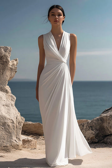 White V Neck Ruched Long Formal Dress